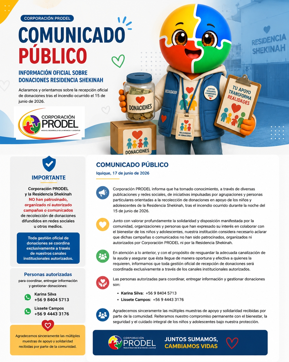 Portada comunicado público donaciones Residencia Shekinah